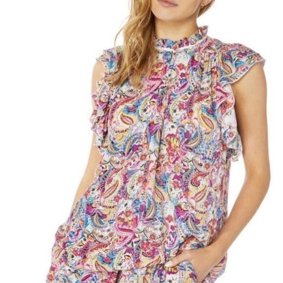 Robert Graham Women’s Blouse XL Paisley Print Pink Flutter Short Sleeve Top $248 - Picture 2 of 8
